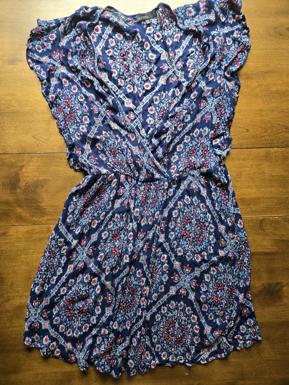 Weavers Navy Blue Floral Wrap Dress with Red & White Accents